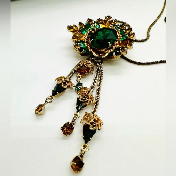 Vintage ANTIQUE Green PendantCrystal Tassel